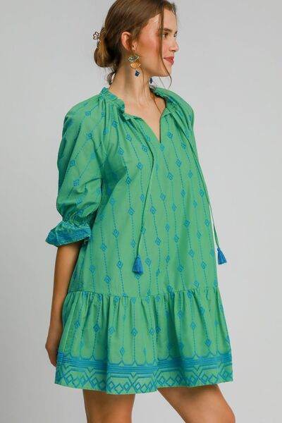 Umgee Full Size Tassel Embroidered Flounce Sleeve Mini Dress Plus Size - Hovatok