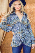 And The Why Print Twist Knot Long Sleeve Blouse - Hovatok