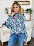 Double Take Full Size Printed Smocked Long Sleeve Blouse - Hovatok