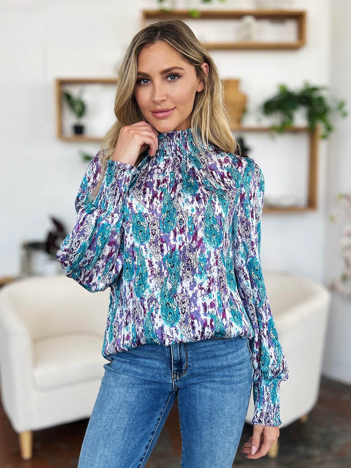 Double Take Full Size Printed Smocked Long Sleeve Blouse - Hovatok