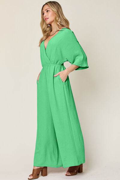 Double Take Full Size Surplice Wide Leg Jumpsuit with Pockets - Hovatok
