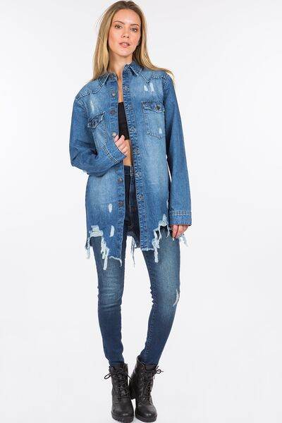 American Bazi Distressed Frayed Hem Denim Jacket - Hovatok