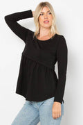 Be Stage Full Size Texture Babydoll Round Neck Long Sleeve Knit Top - Hovatok