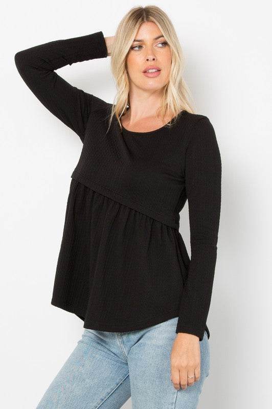 Be Stage Full Size Texture Babydoll Round Neck Long Sleeve Knit Top - Hovatok