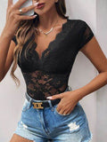 Perfee Lace V-Neck Cap Sleeve Bodysuit - Hovatok
