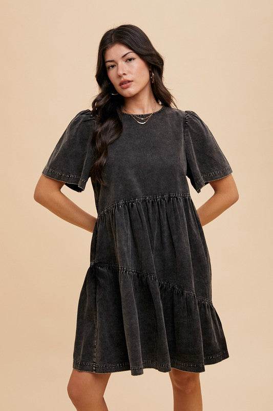 Annie Wear Mineral Washed Round Neck Short Sleeve Denim Dress - Hovatok