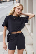 Basic Bae Drawstring Hem Air Scuba Round Neck Short Sleeve T-Shirt - Hovatok