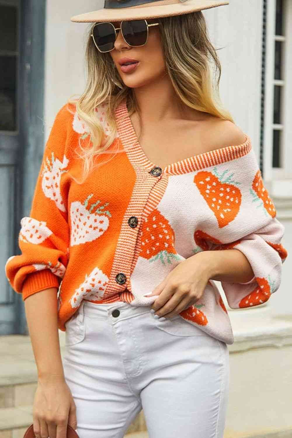 Angel Wings Printed V-Neck Button-Down Long Sleeve Cardigan - Hovatok