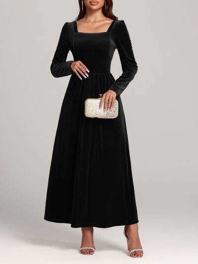 Velvet Square Neck Long Sleeve Dress - Hovatok