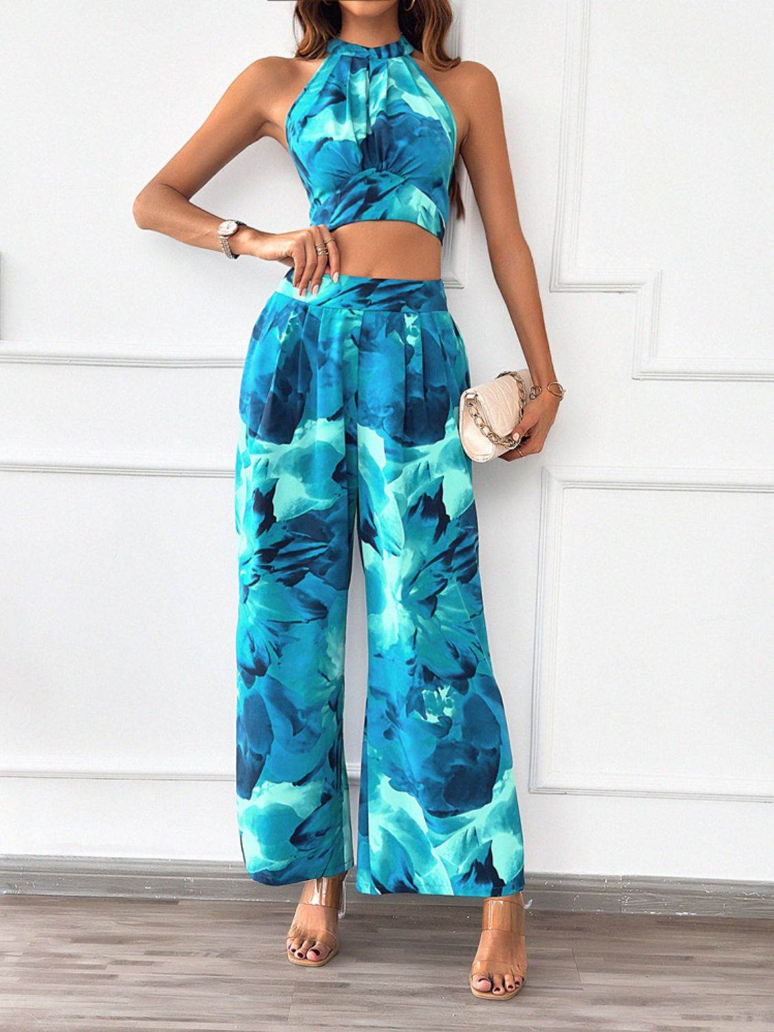 Devine Printed Halter Neck Top and Pants Set - Hovatok