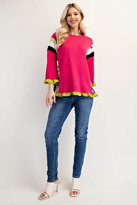 Celeste Full Size Ruffle Sleeve Color Block Top Plus Size - Hovatok