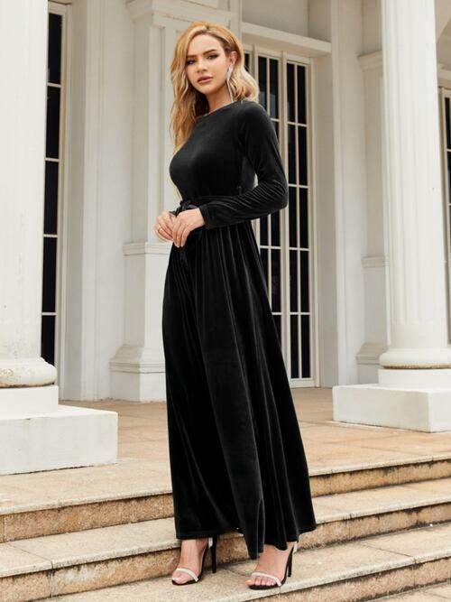Tie Front Round Neck Long Sleeve Maxi Dress - Hovatok