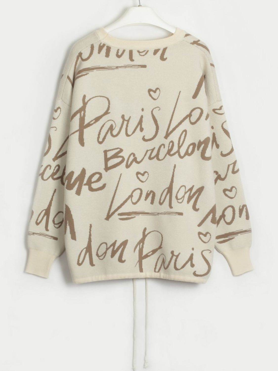 Drawstring Hem Letter Pattern Round Neck Dropped Shoulder Sweater - Hovatok