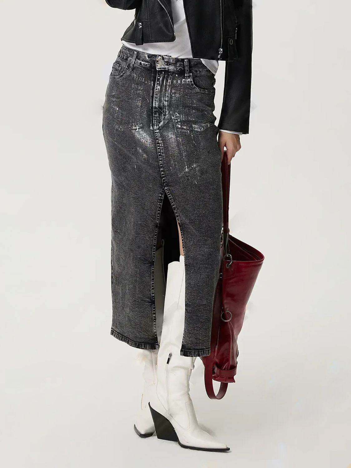 Slit Midi Denim Skirt with Pockets - Hovatok