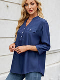 Notched Three-Quarter Sleeve Denim Top - Hovatok