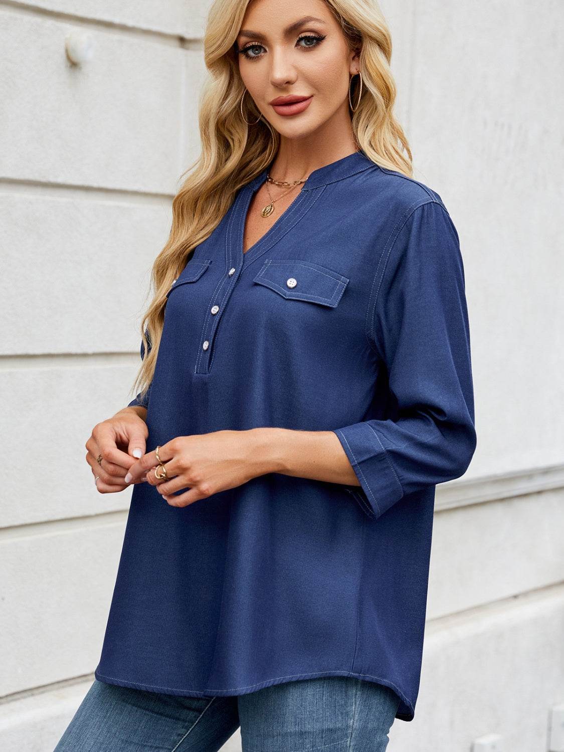 Notched Three-Quarter Sleeve Denim Top - Hovatok