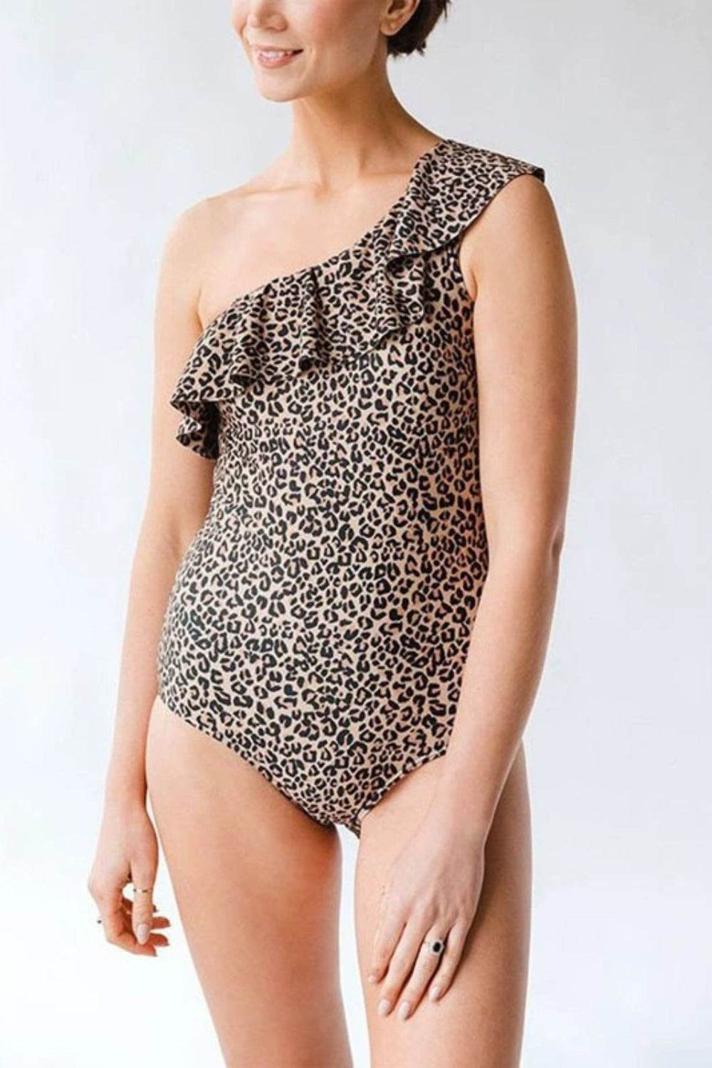 Full Size Ruffled Leopard Single Shoulder One-Piece Swimwear - Hovatok