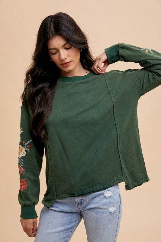 Annie Wear Embroidered Long Sleeve French Terry Top - Hovatok