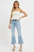 RISEN Full Size Raw Hem Distressed Cropped Flare Jeans Plus Size - Hovatok