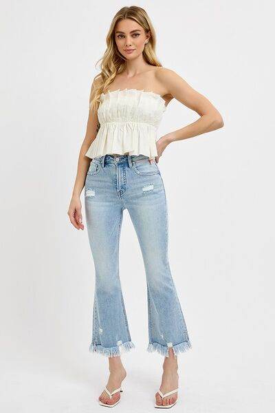 RISEN Full Size Raw Hem Distressed Cropped Flare Jeans Plus Size - Hovatok
