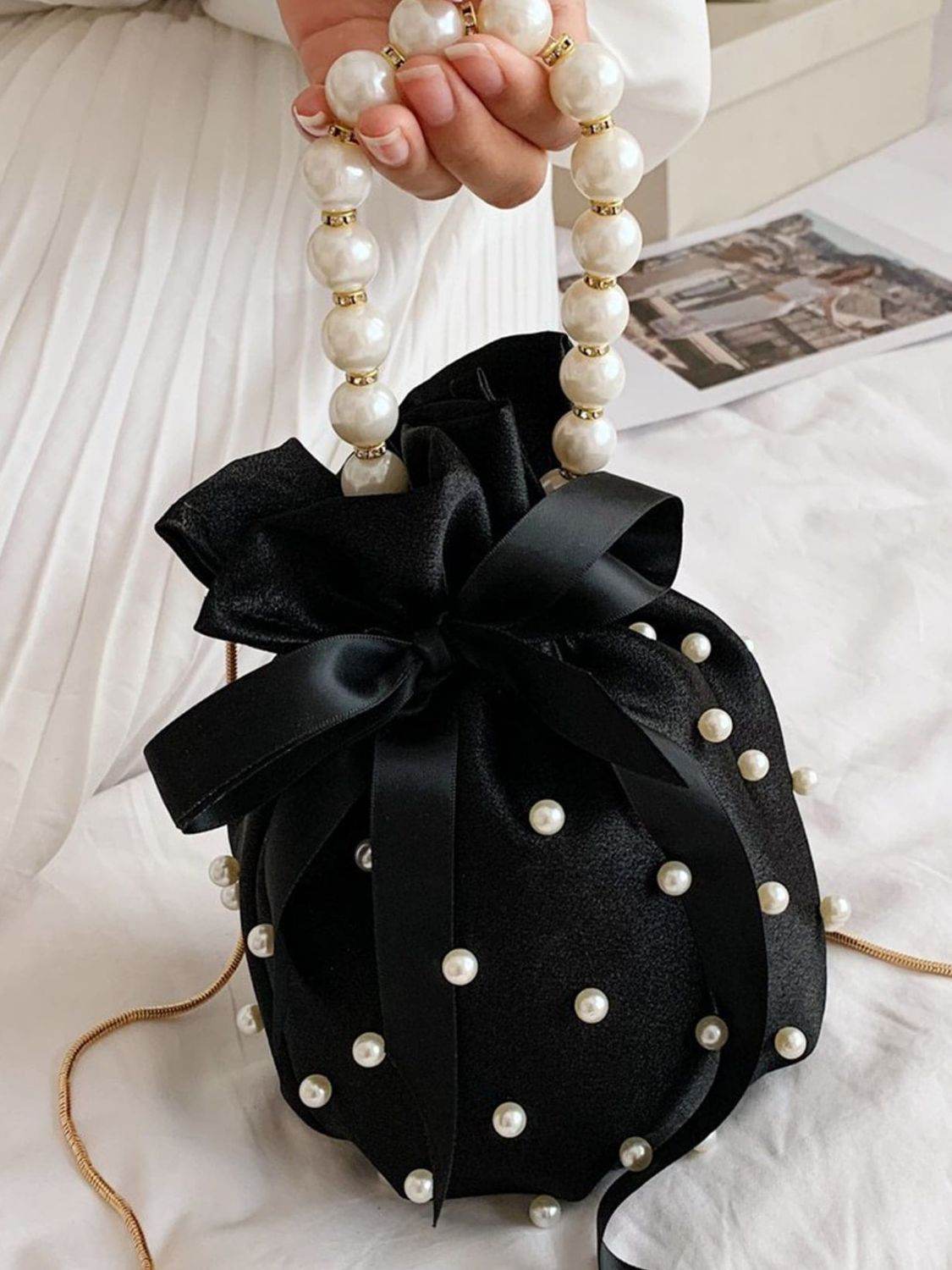 Pearl Detail Solid Color Bucket Bag - Hovatok