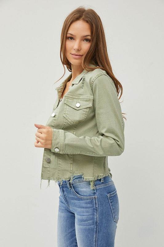 RISEN Full Size Raw Hem Button Up Cropped Denim Jacket Plus Size - Hovatok