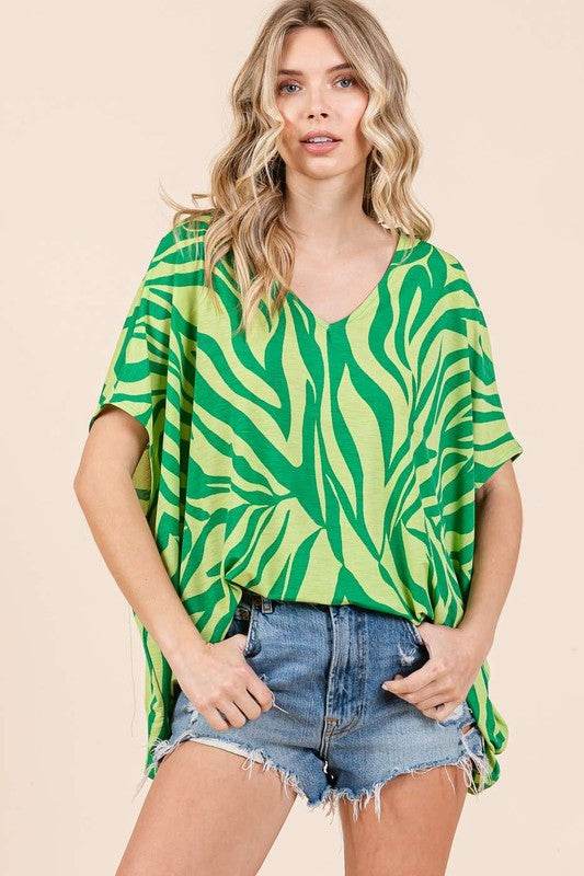 Mittoshop Zebra Print V-Neck Short Sleeve Oversized Top - Hovatok