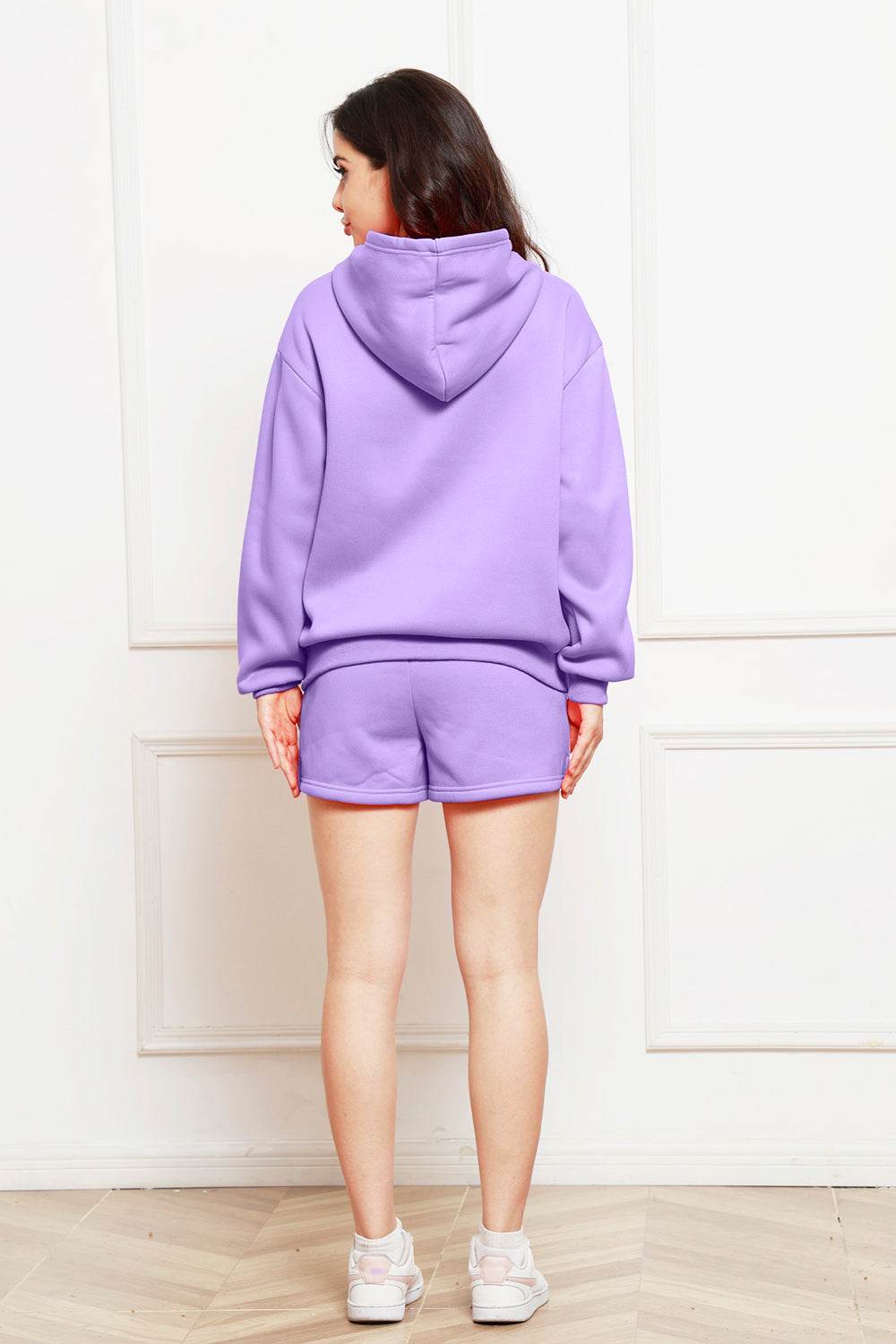 Drop Shoulder Long Sleeve Hoodie and Shorts Set - Hovatok