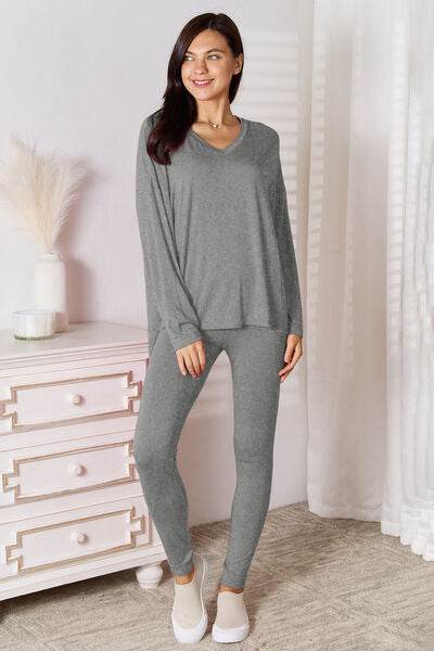 Basic Bae Bamboo Full Size V-Neck Long Sleeve Top and Pants Lounge Set - Hovatok