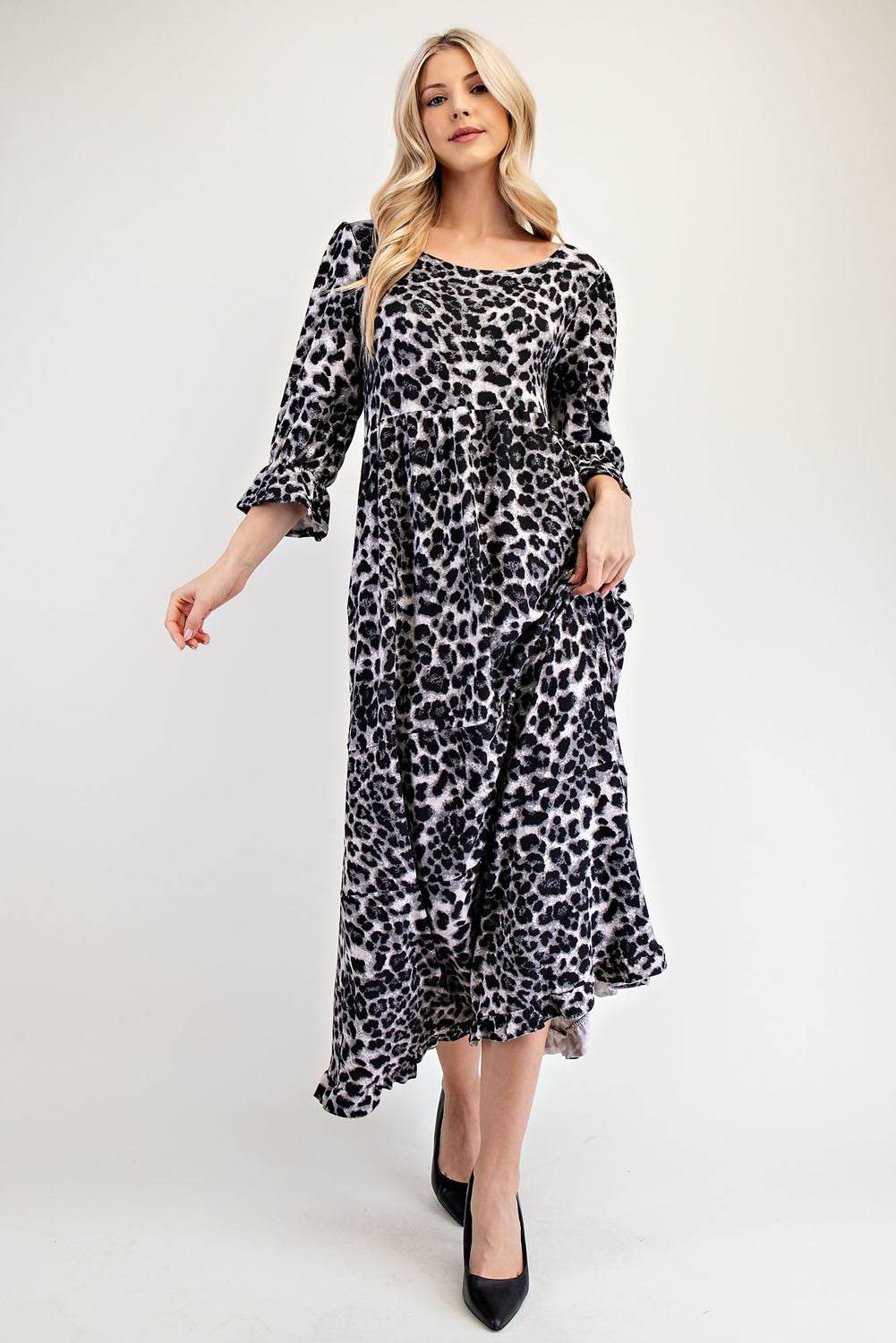 Celeste Full Size Leopard Round Neck Flounce Sleeve Dress - Hovatok