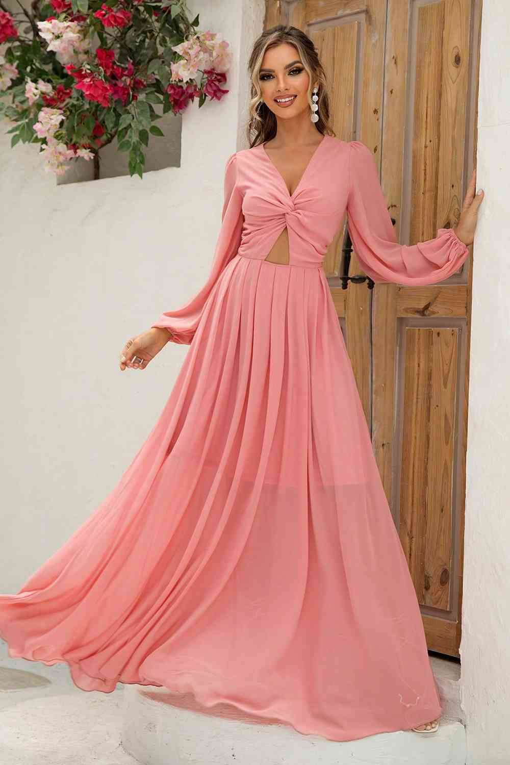 Twist Front Cutout Long Sleeve Dress - Hovatok