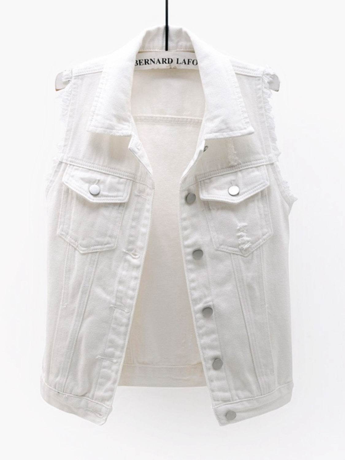 Full Size Button Down Raw Hem Sleeveless Denim Jacket Plus Size - Hovatok