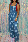 Star Print Buttoned Strap Wide Leg Denim Overalls - Hovatok