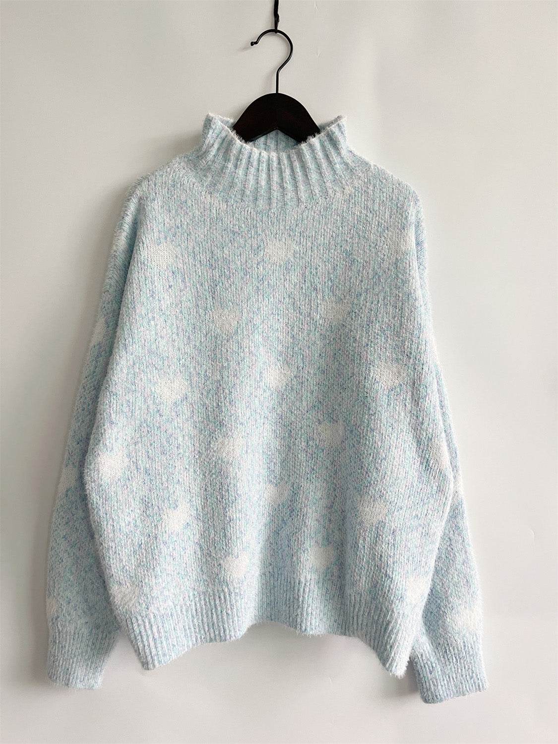 Heart Heathered Turtleneck Drop Shoulder Sweater - Hovatok