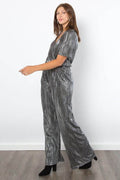 Be Stage Surplice Short Sleeve Pleated Foil Jumpsuit - Hovatok