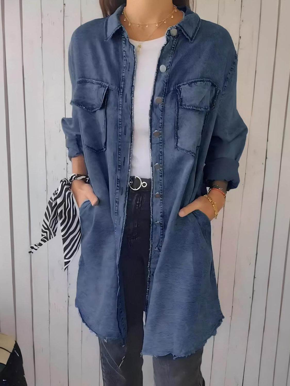Full Size Raw Hem Button Up Long Sleeve Denim Top Plus Size - Hovatok