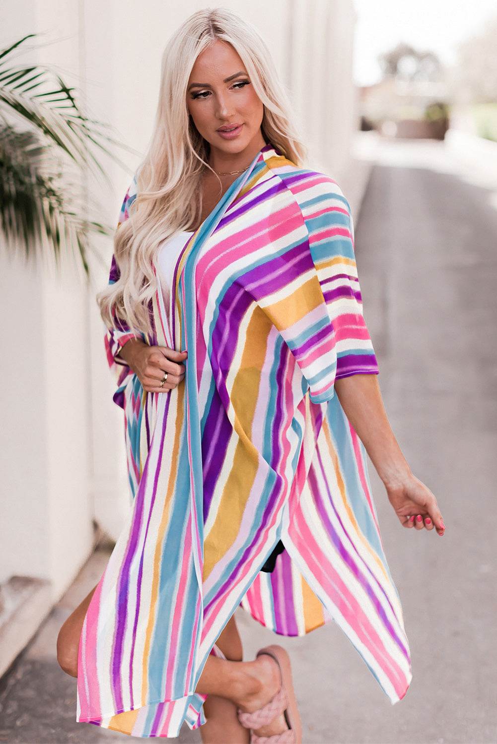 Striped Side Slit Open Front Cardigan - Hovatok