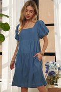 ADORA Square Neck Puff Sleeve Denim Dress - Hovatok