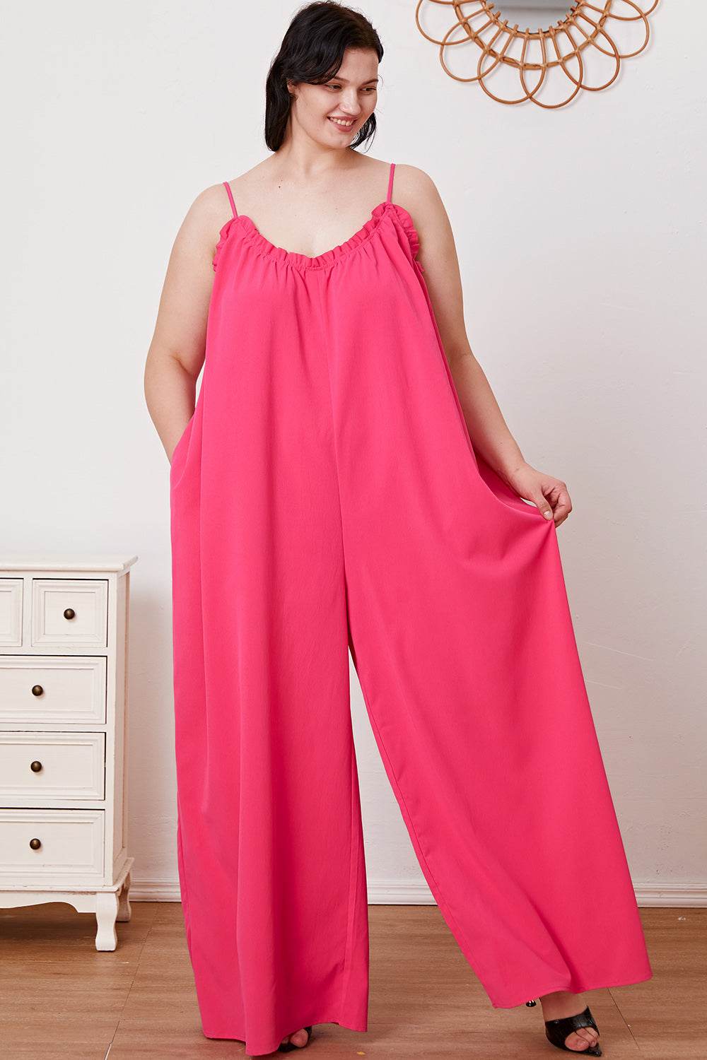 Double Take Full Size Ruffle Trim Tie Back Cami Jumpsuit with Pockets - Hovatok