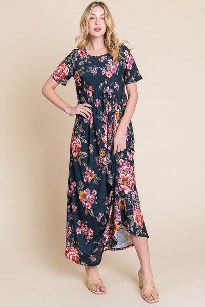 BOMBOM Floral Short Sleeve Maxi Dress - Hovatok