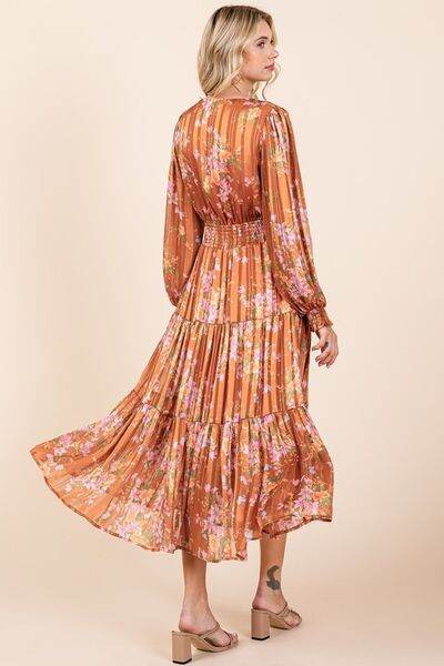 Mittoshop Flower Print Satin Lurex Stripe Smocked Midi Dress - Hovatok