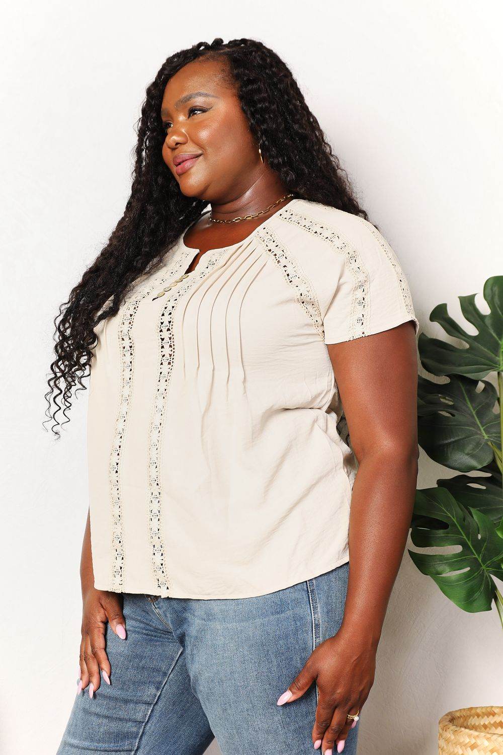 Double Take Crochet Buttoned Short Sleeves Top - Hovatok
