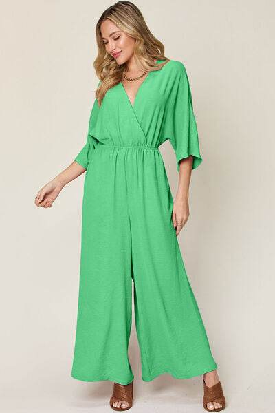 Double Take Full Size Surplice Wide Leg Jumpsuit with Pockets - Hovatok