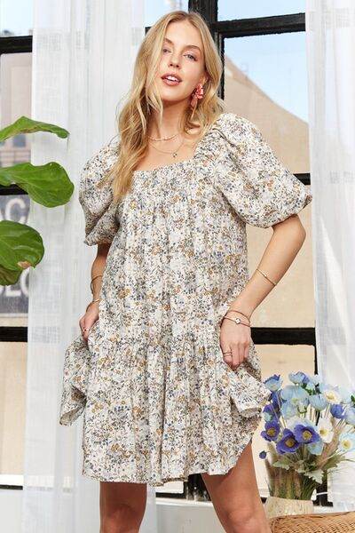 ADORA Floral Square Neck Puff Sleeve Dress - Hovatok