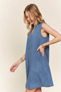 ADORA Notched Sleeveless Denim Dress with Pockets - Hovatok