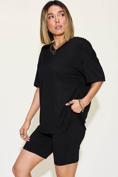 Basic Bae Full Size V-Neck Drop Shoulder T-Shirt and Shorts Set - Hovatok