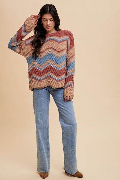 Annie Wear Multi Color Zig-Zag Round Neck Sweater - Hovatok