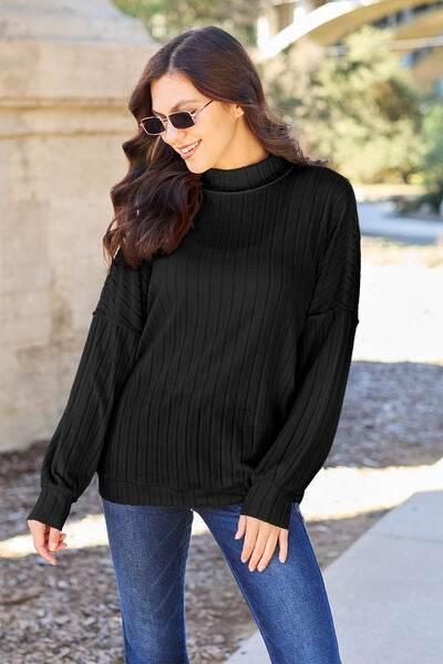 Basic Bae Full Size Ribbed Exposed Seam Mock Neck Knit Top - Hovatok