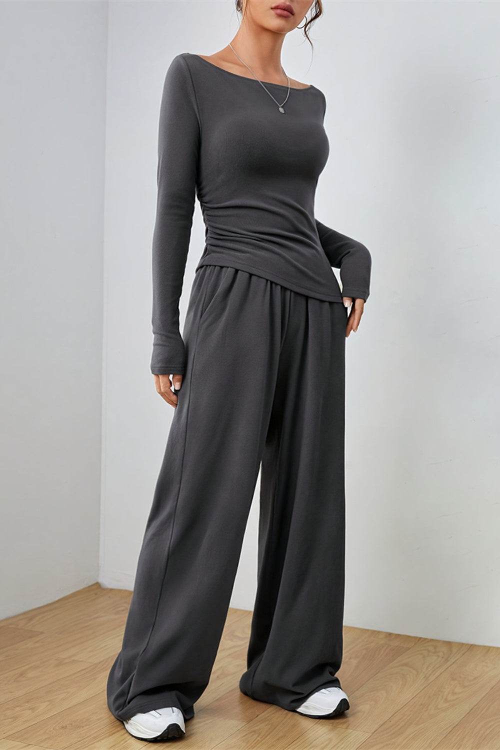 Boat Neck Long Sleeve Top and Pants Set - Hovatok