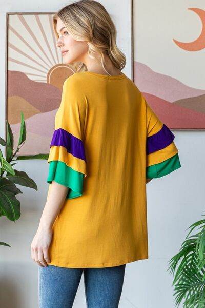 Heimish Full Size Round Neck Color Block Ruffled Half Sleeve Top Plus Size - Hovatok